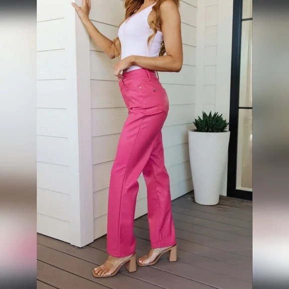 JUDY BLUE Hot Pink Vegan Leather Straight Leg Pants, Like New, Size 24 - Picture 2 of 13